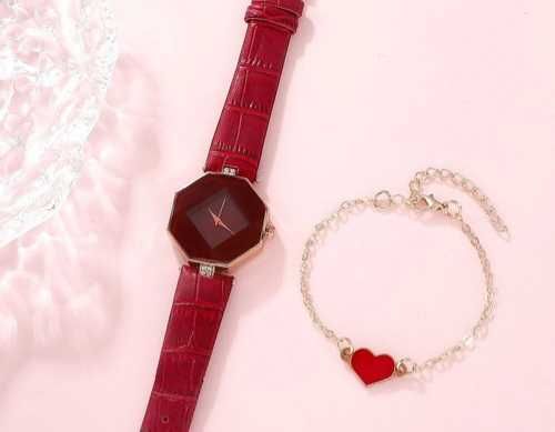 Set cadou Iubire: ceas Quartz și brățară Inimă. Roșu