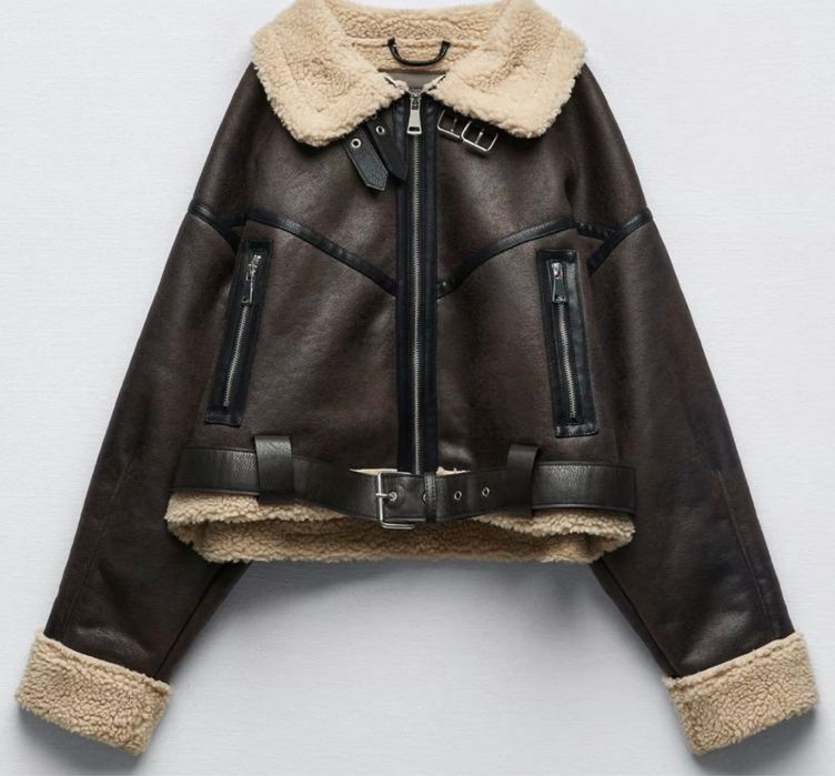 Zara biker кожено яке в кафяво