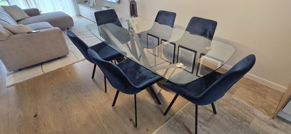 *Set dining – masă sticlă 200x100 cm + 6 scaune catifea bleumarin