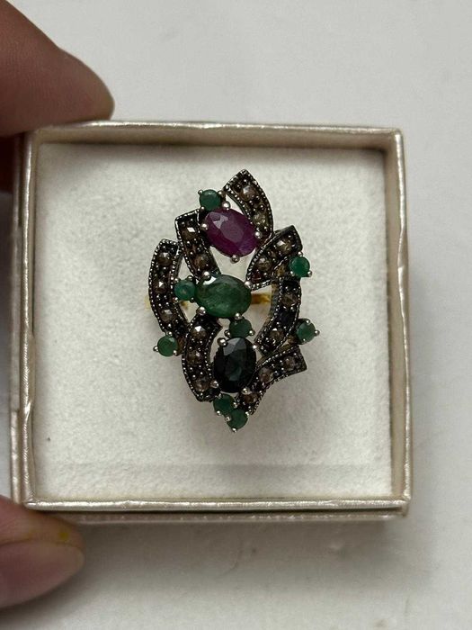 INEL AUR 14K + ARGINT + Diamante + Smaralde + Rubin + Safir - Vintage