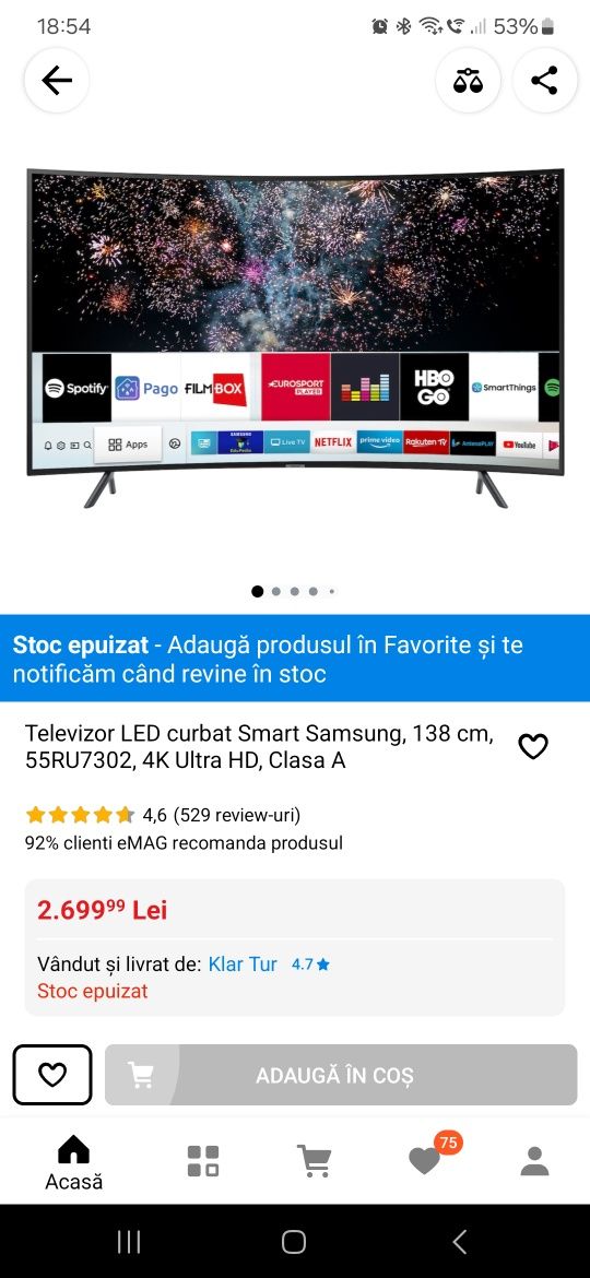 Televizor LED curbat Smart Samsung, 138 cm, 55RU7302, 4K Ultra HD,