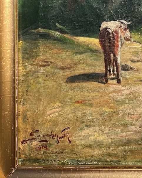 Tablou f VECHI, 110 ani ”Vaci la adăpat”, ul/pz, 80x60cm+R, semn-datat