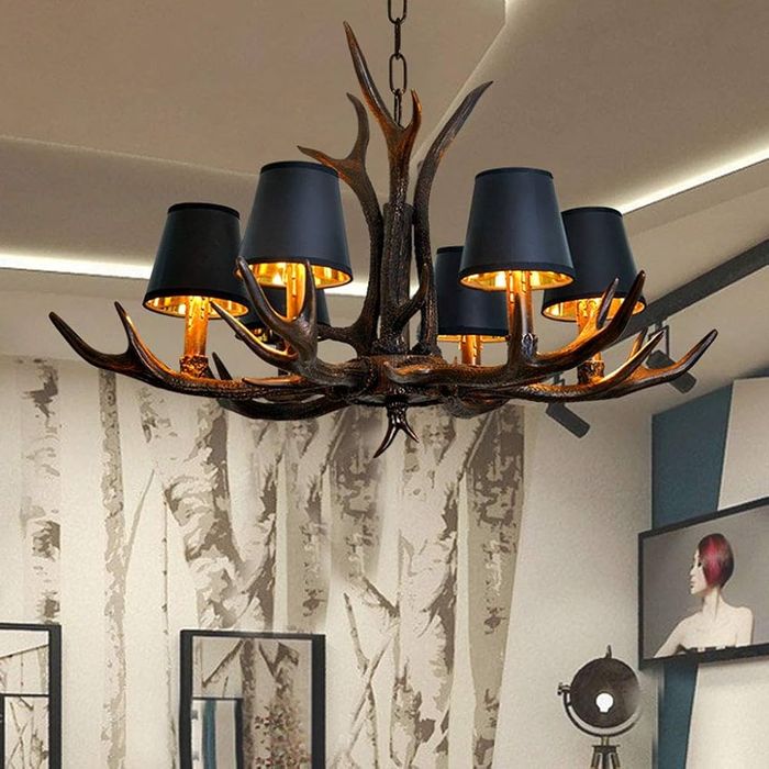 Полилей еленов рог(смола)черен и 6 абажура, 6×Е14