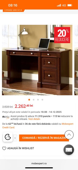 Vand birou Mobexpert Palladia 4 sertare culoare cires