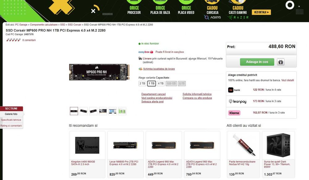 ssd corsair MP600 PRO NH de 1 TB PCIe 4.0, 7000MB/sec- nou