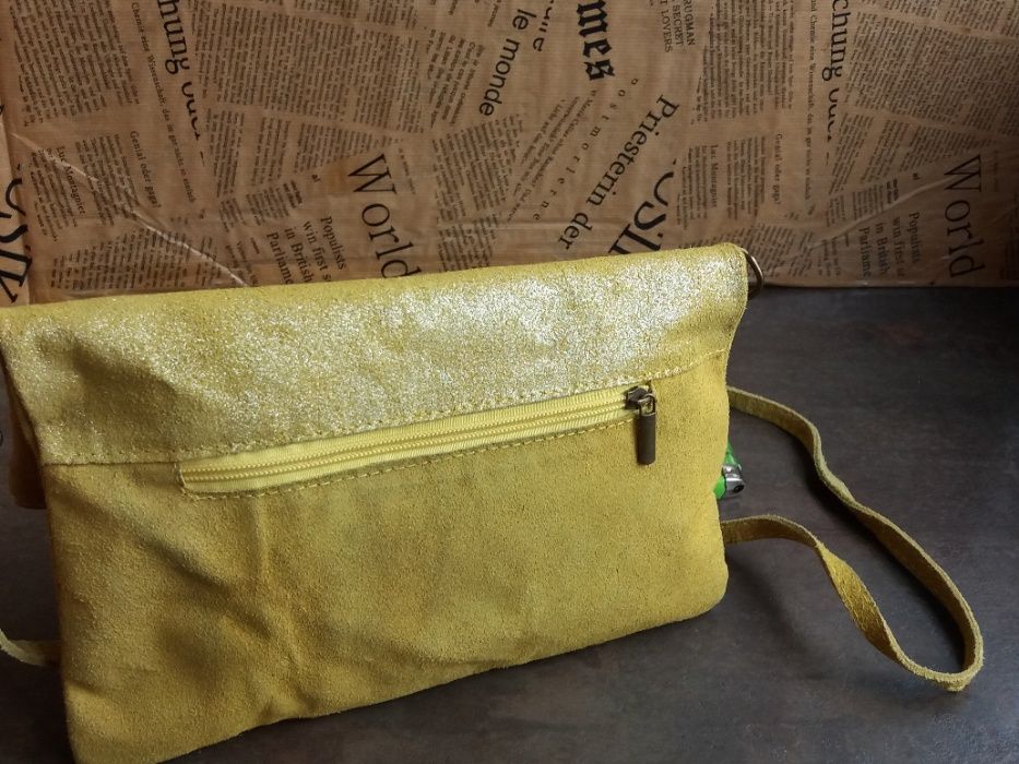 дамска чанта,велурена торба-жълта естествена кожа,велур