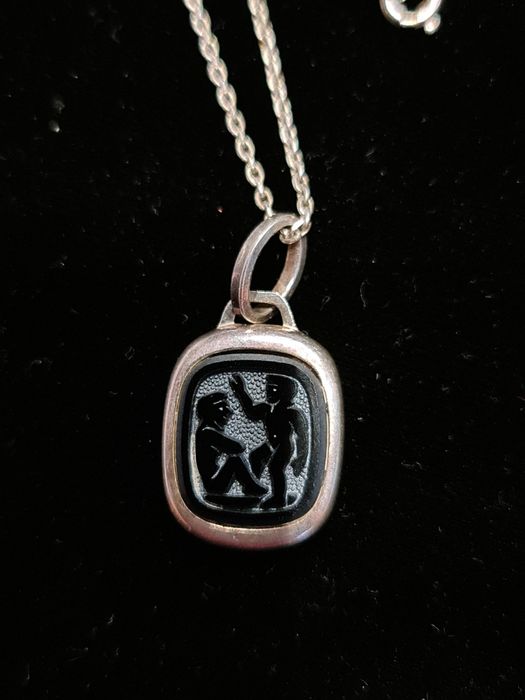 N Superb lant pandantiv argint 925 Germania,zodia gemeni,sticla topita