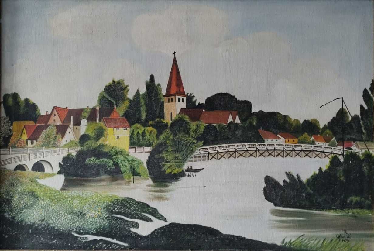 Sibiu perioada interbelica, pictura in ulei pe panza Podul minciunilor
