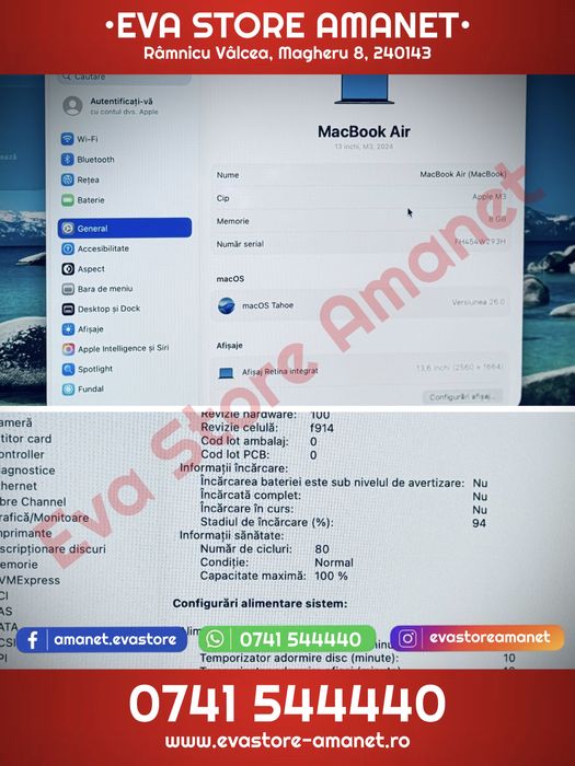 Laptop Apple MacBook Air 13 inch M3 2024 250GB 8GB RAM Garantie 2028