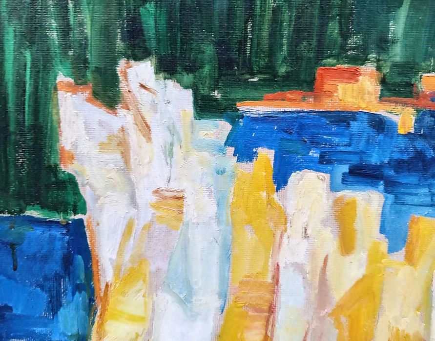 Tablou vechi - Baraj - semnat Viorica Felicia Ionescu 1977