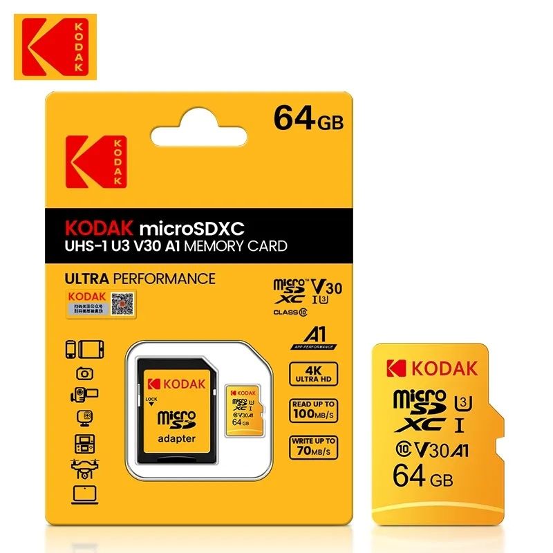 Kodak Original Micro SDXC+TF Card 64GB Class 10 U3 A1 V30 (с адаптер)