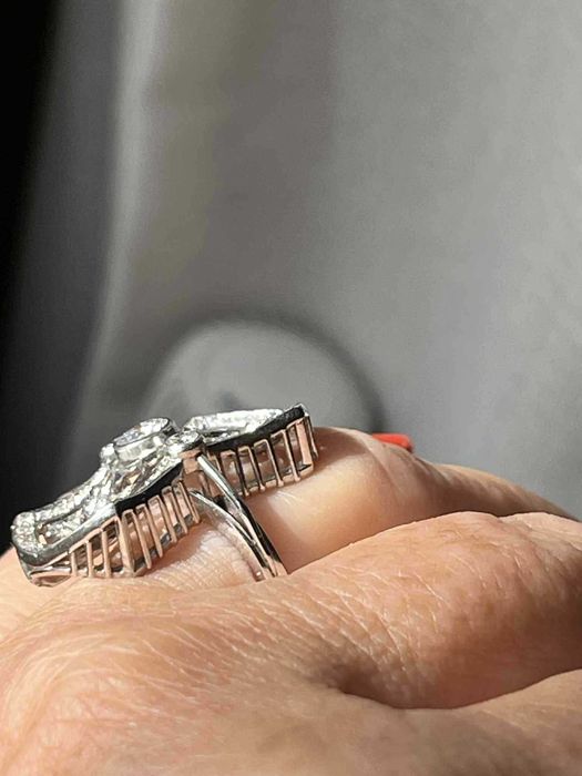 Inel superb ArtDeco din aur alb de 14K si diamante naturale
