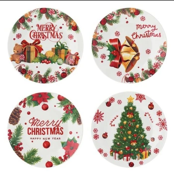 Set 4 farfurii portelan Craciun - in cutie cadou cu funda rosie