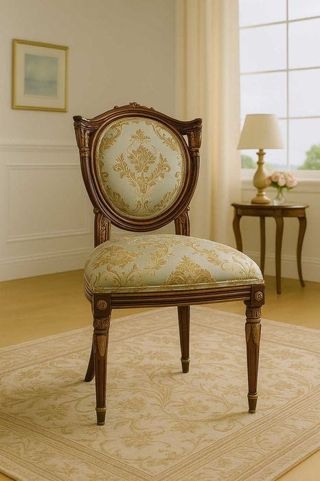 Класически стол в стил Луи XVI с дамаска в златисто и светлосиньо