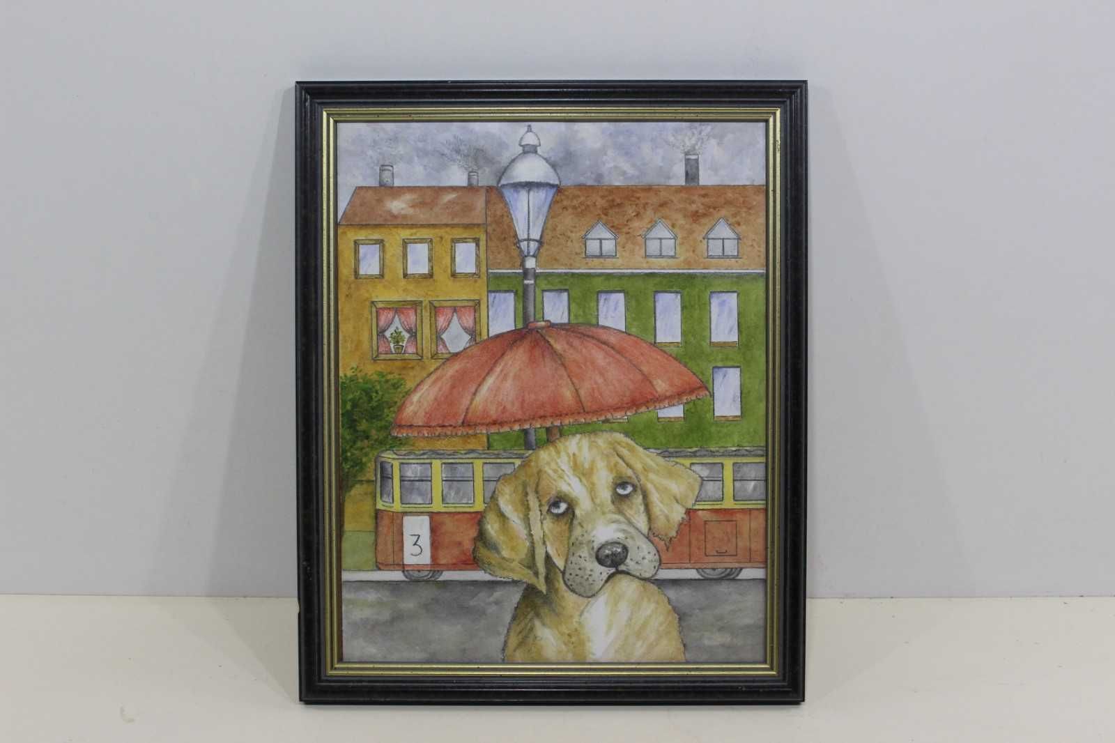 Стара рисунка в стилна рамка Куче под дъжда. Внос Холандия