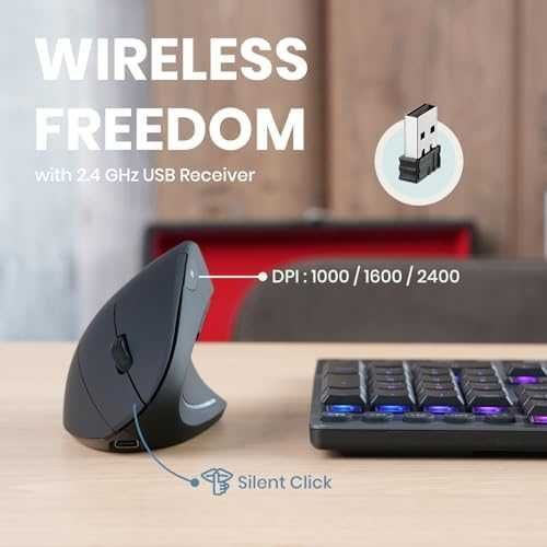Нова Безжична вертикална мишка с тиха работа, DPI контрол, 6 бутона