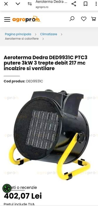 Vanzare aeroterma putere 3 kW, 3 trepte, debit 280 mch, termostat