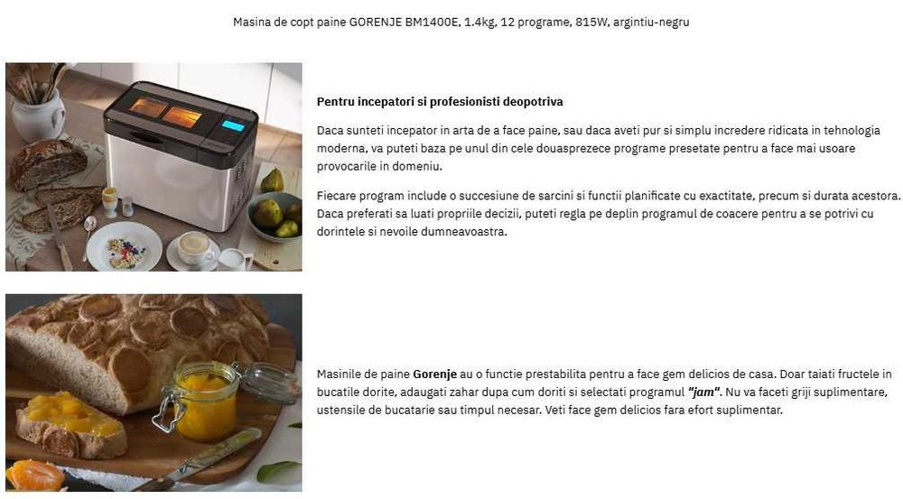 Masina de copt paine GORENJE BM1400E, 1.4kg, 12 programe, 815W