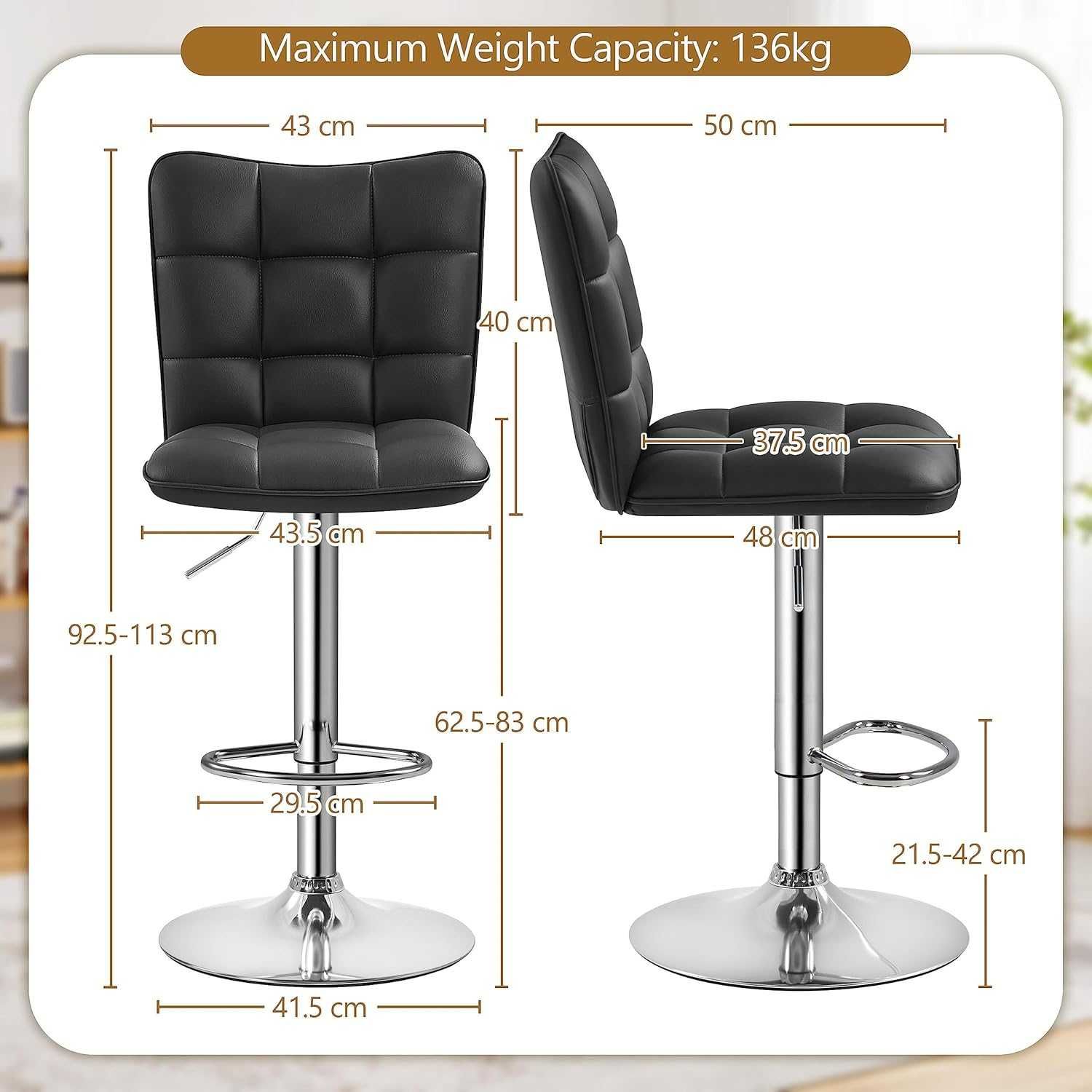 Set 2 scaune bar reglabile, rotative, piele PU | 614159 Black(2pcs)