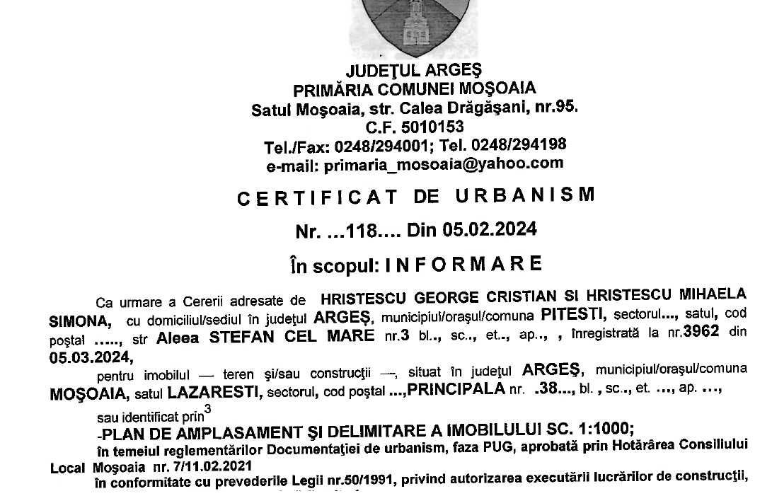 Proprietar, teren Mosoaia, utilitati, cadastru si certificat urbanism