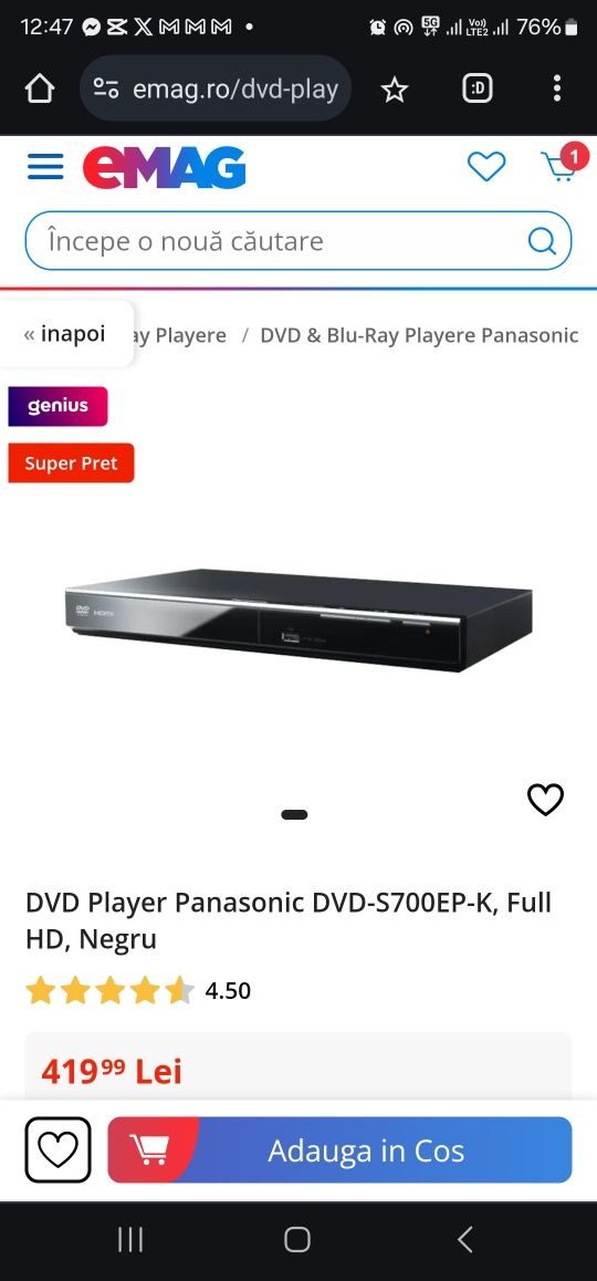 DVD Player Panasonic DVD-S700EP-K, Full HD, Negru