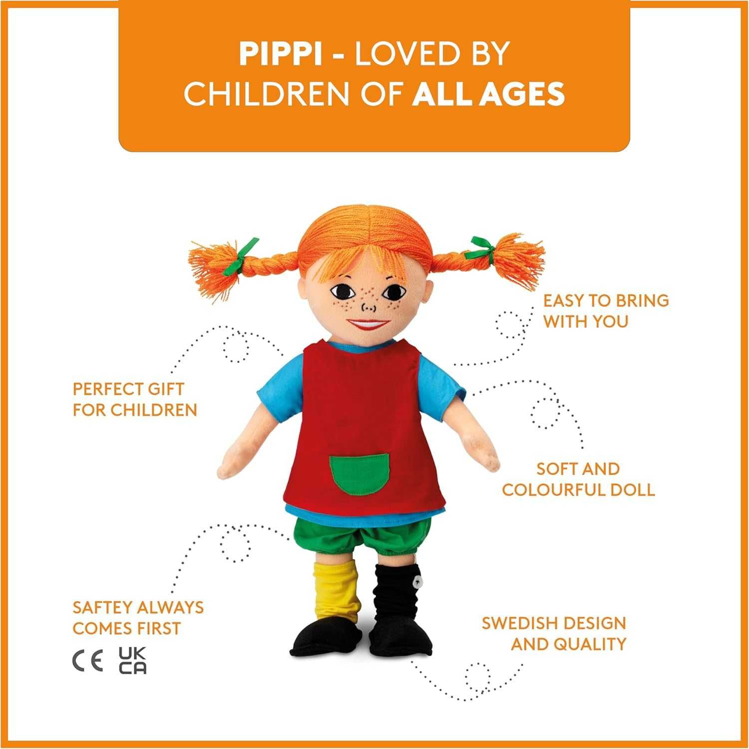 Мека кукла Pippi - Пипи Дългото Чорапче 30 cm Парцалена кукла