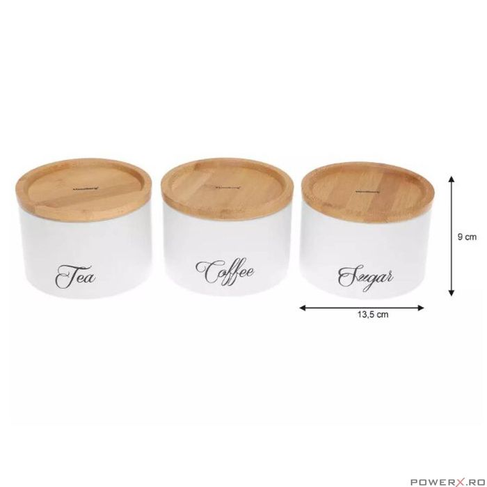 Recipiente pentru cafea, ceai, zahar, din inox-bambus, albe, Klausberg