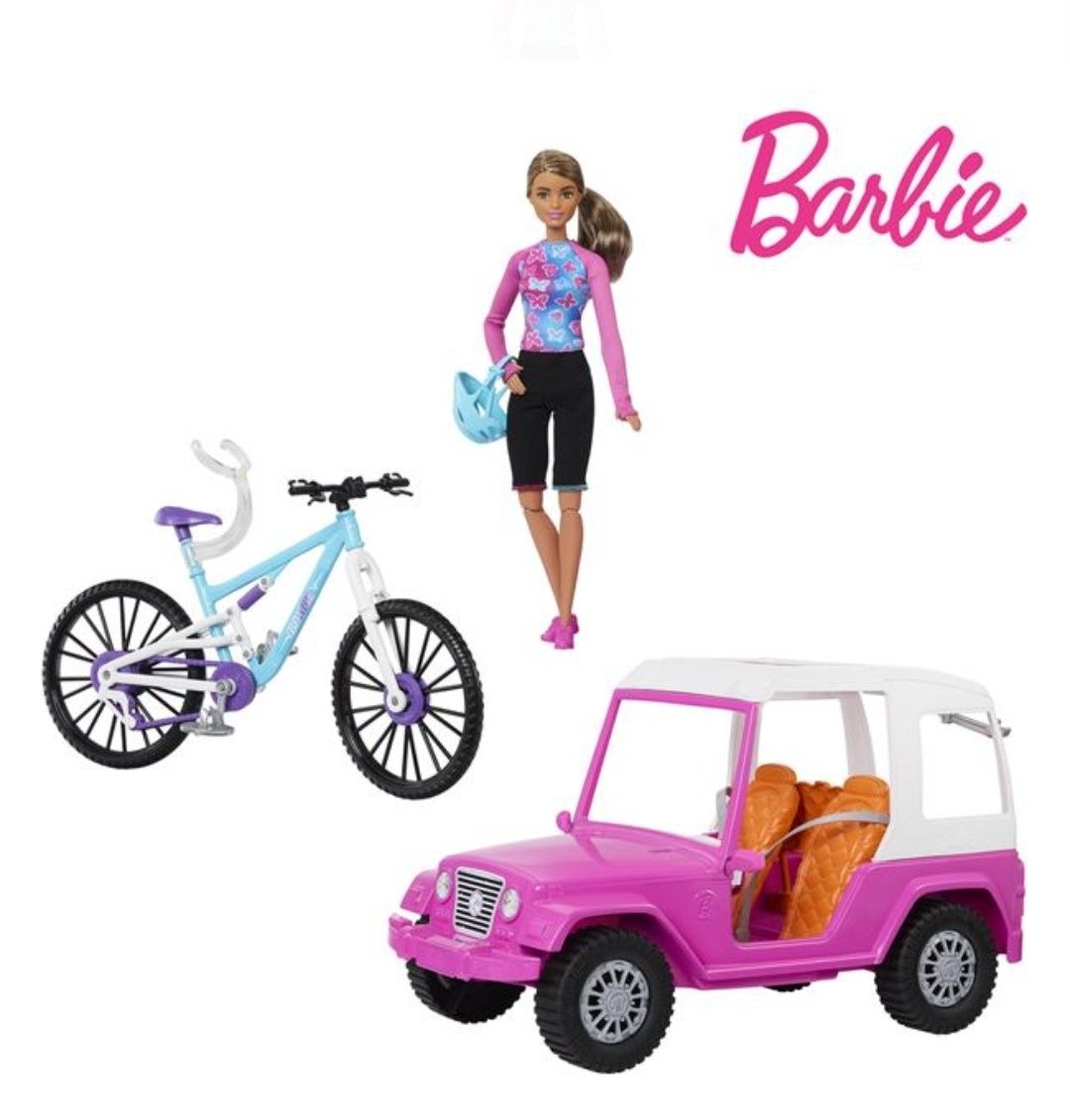 Rulota Roz și Bicicleta cu Papusi / Barbie Papusa cu Jeep & Bicicleta