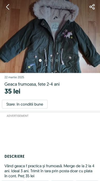 Geaca frumoasa fetite, 2-4 ani, ideal 3 ani