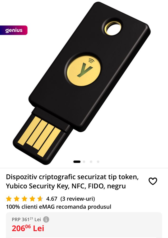Dispozitiv criptografic securizat tip token - Yubico Security Key