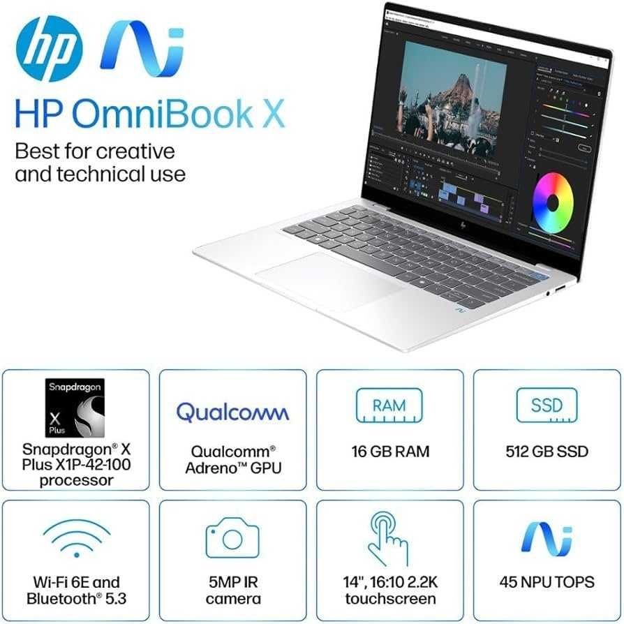 HP OmniBook X 14.0" 2.2K IPS TS Snapdragon X Plus LPDDR5 16GB SSD 512G