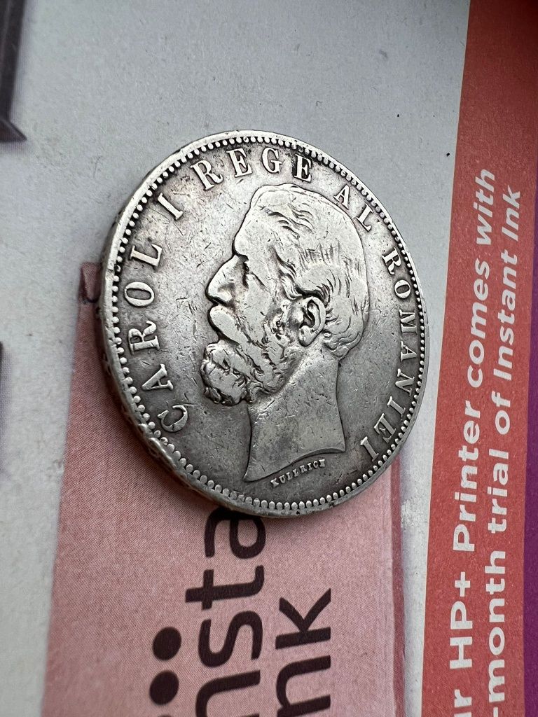 Moneda Romania 5 lei 1883 Carol I rege argint