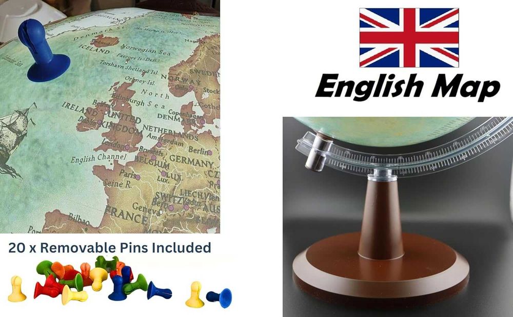 Glob pământesc luminos EXERZ 30 cm, design vintage, hartă în engleză