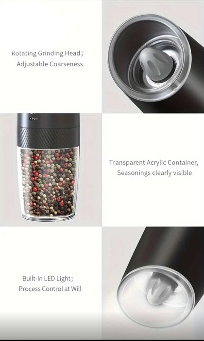 Гравитационна електрическа презареждаема мелничка за сол/черен пипер