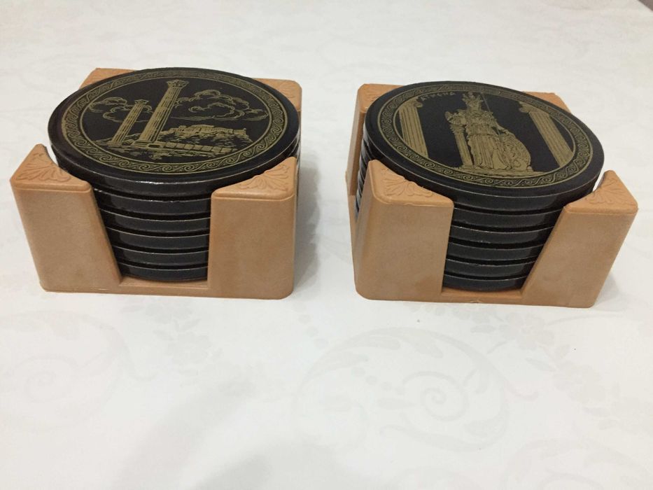 Set suport pahare ceramica pictata Grecia+protectie plastic pe verso.