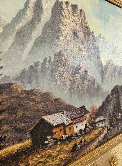 Tablou deosebit, pictat în ulei  reprezentând un peisaj montan alpin,