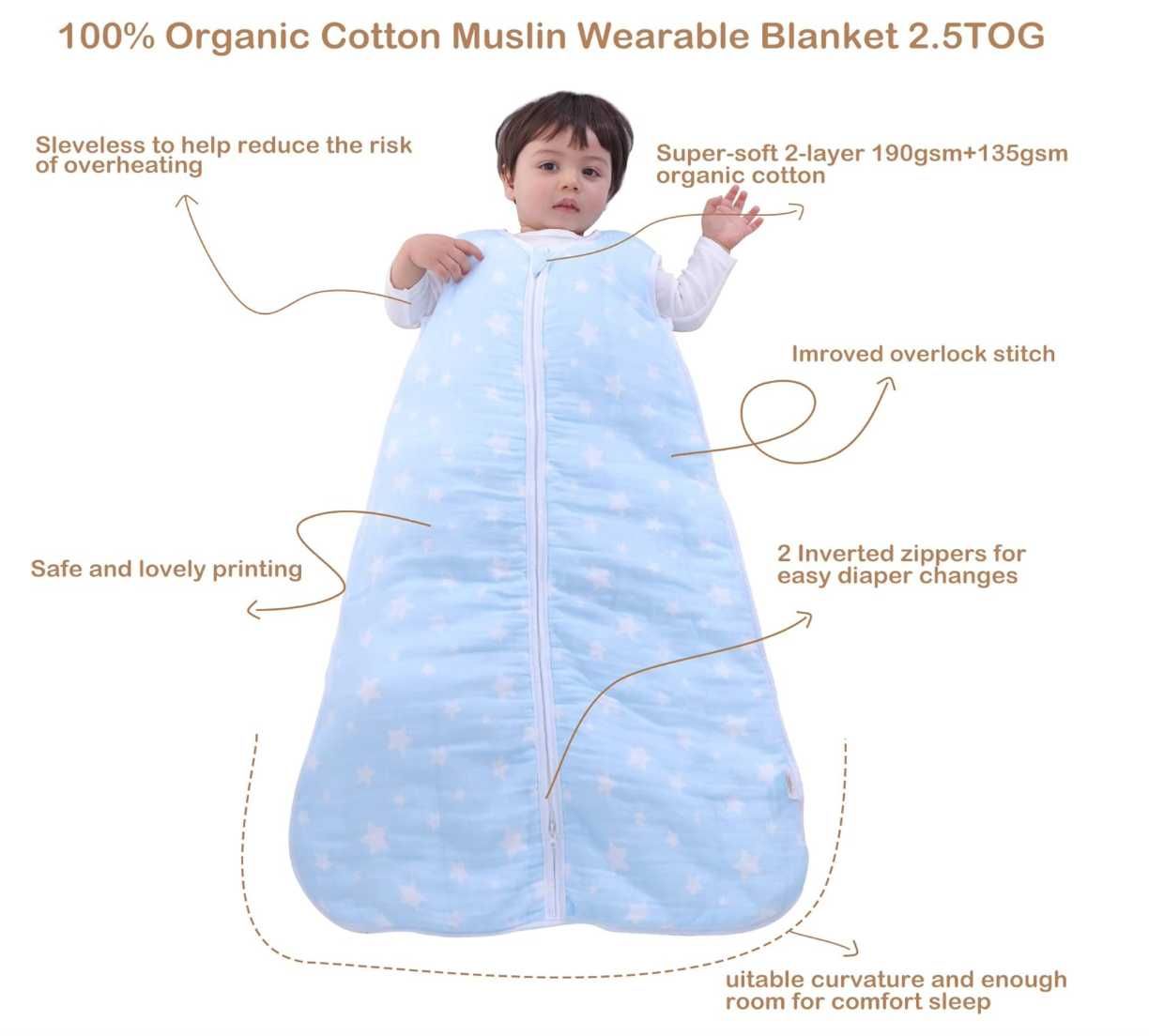 Бебешки Спален Чувал от Органичен Памук 2,5 Tog 18-36 месеца, 100 см