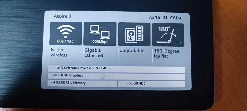 Laptop Acer Aspire A315-31-C6D4 procesor N3350, 2.40 GHz, 4GB, 500GB