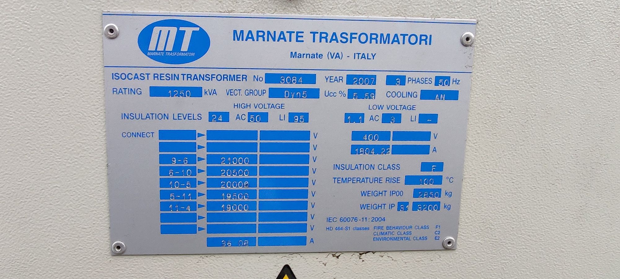 Transformator trifazat, 1250kVA, 20kV, an 2007, NOU