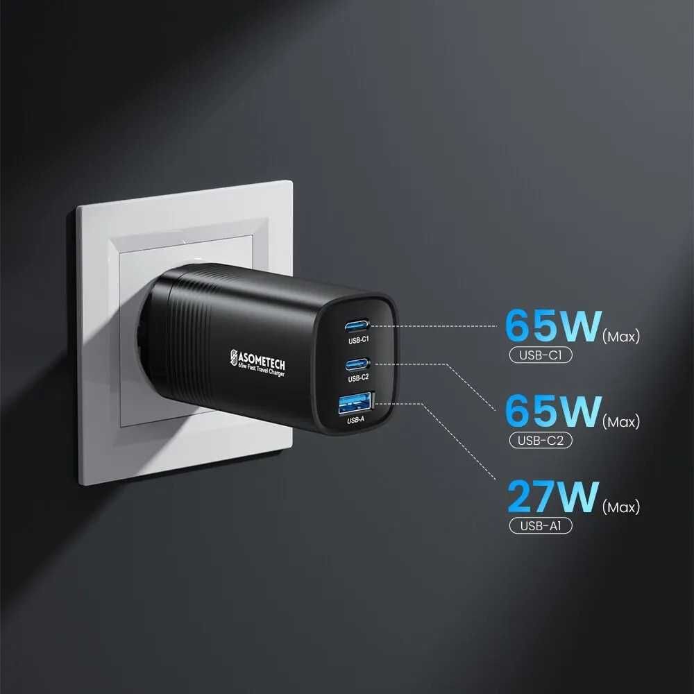 Бързо зарядно за телефон GaN, 65W, 1x USB-А, 2x USB-C