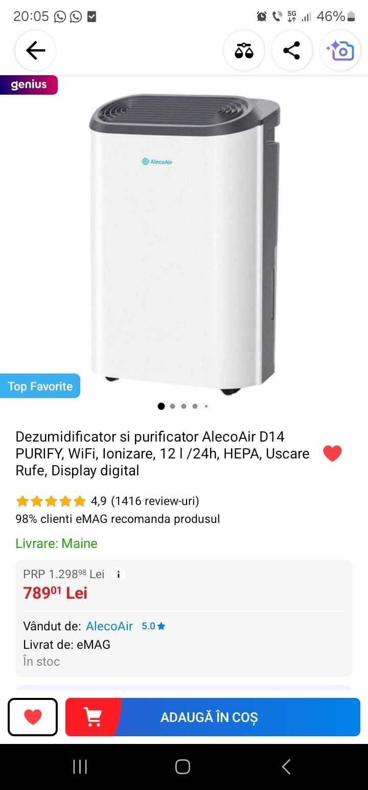 Dezumidificator si purificator aproape nou, cu garantie