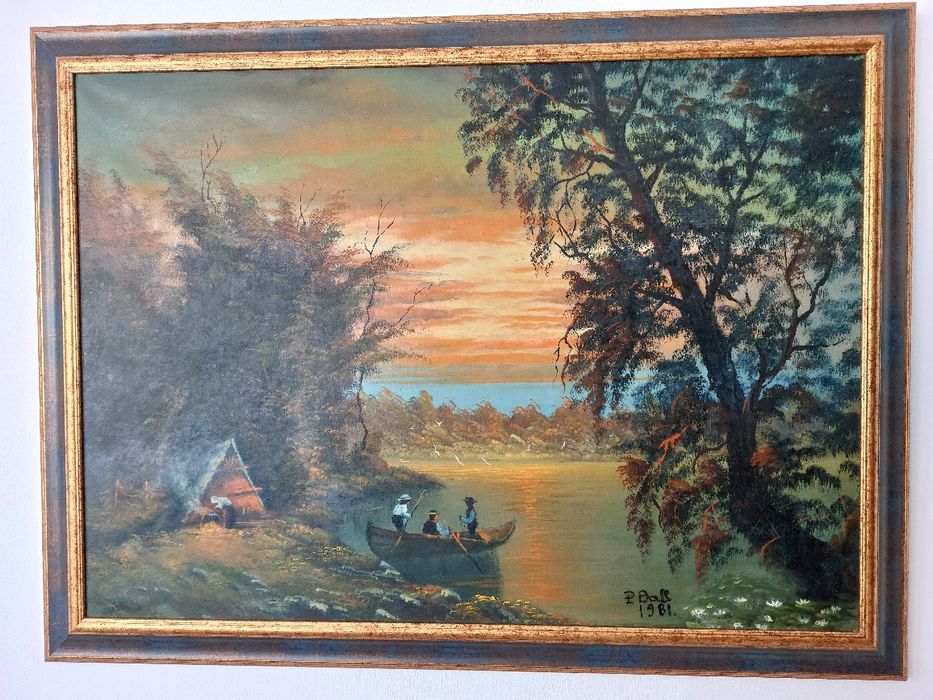 Apus de soare in Delta Dunarii, un tablou superb ulei pe panza, semnat