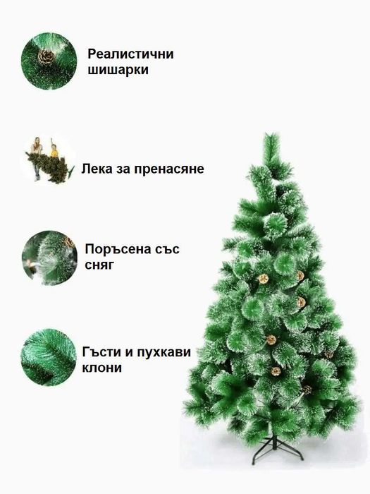Гъста Изкуствена Коледна Елха ЛУКС, Тип БОР + Шишарки, Бял Връх