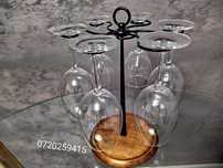 Suport rotativ pentru 6 Pahare de vin, din Metal + Baza din Lemn, 35cm