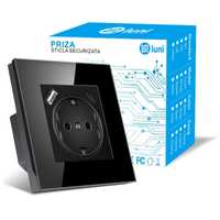 Priza rama sticla securizata, USB-A, USB-C, iUni UC1, 16A, Black