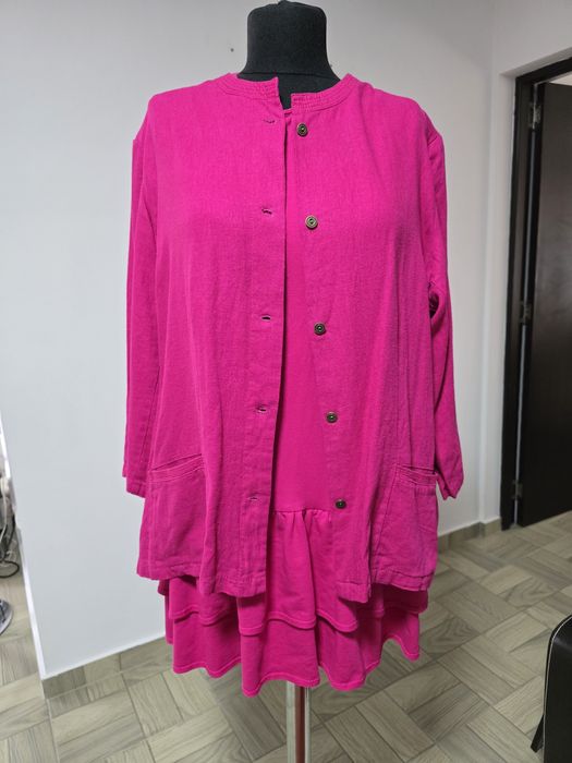 Sacou fucsia din fibre naturale, cu maneci 3/4, buzunare laterale