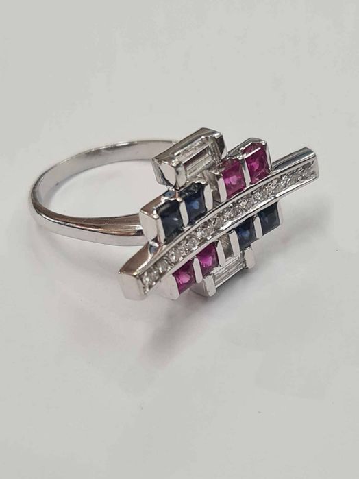 Inel Art Deco din aur alb 18k, cu diamante naturale,safire naturale si