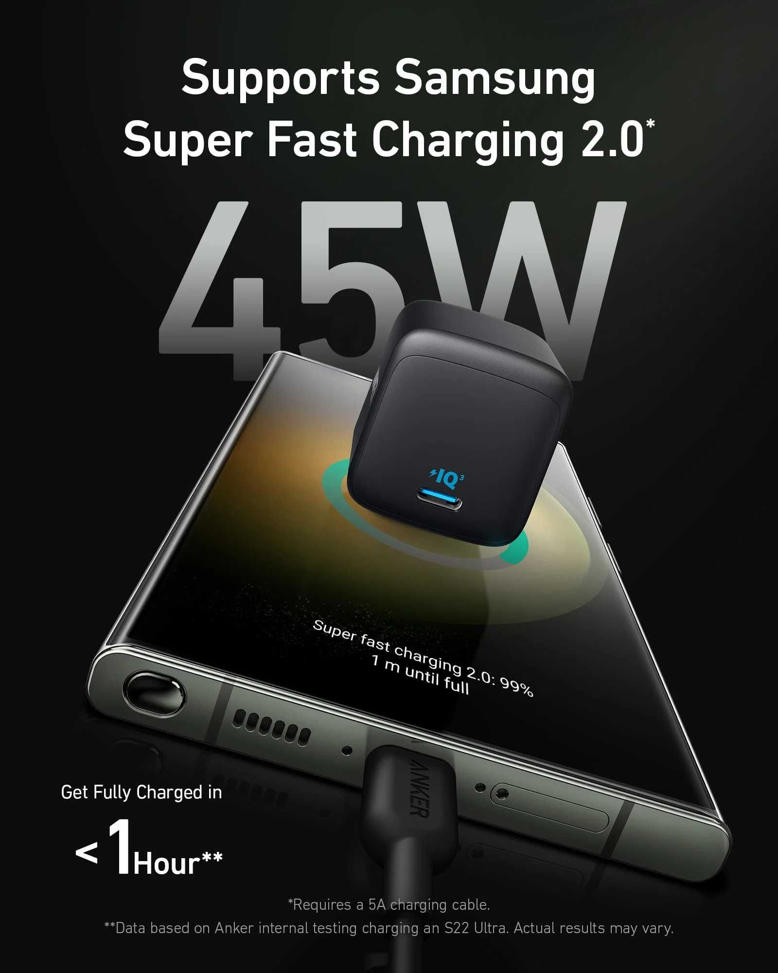 Anker 313 USB-C 45W, "Ace" зарядно за стена, черен цвят