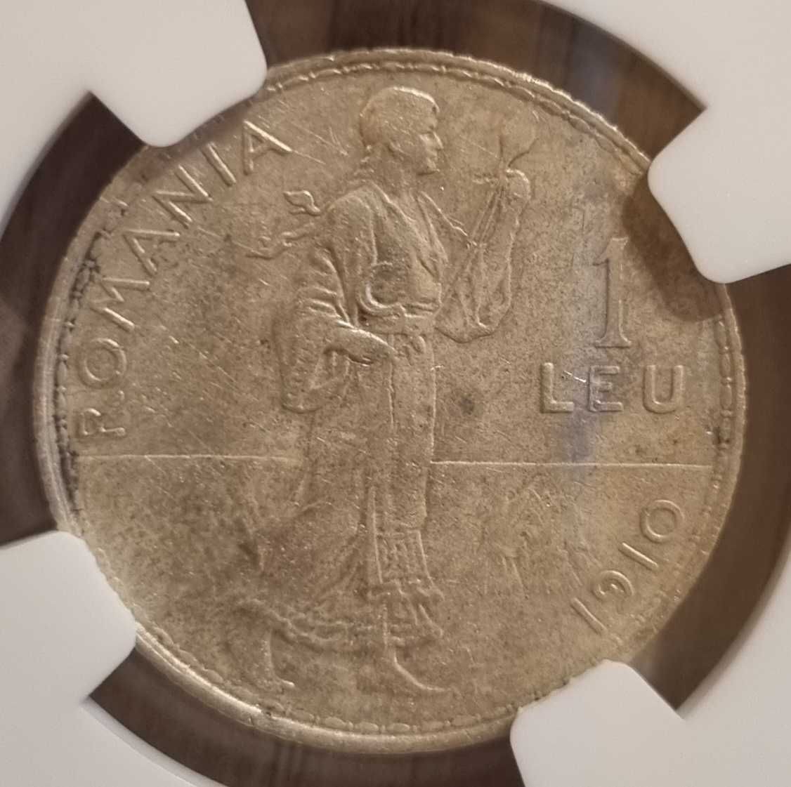 Moneda argint 1 leu 1910, Carol I, incapsulata NGC