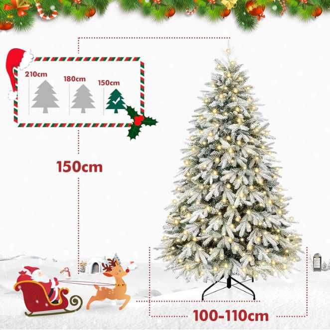 Brad artificial Yorbay 150 cm, Alb, LED, Fulgi de Zăpadă